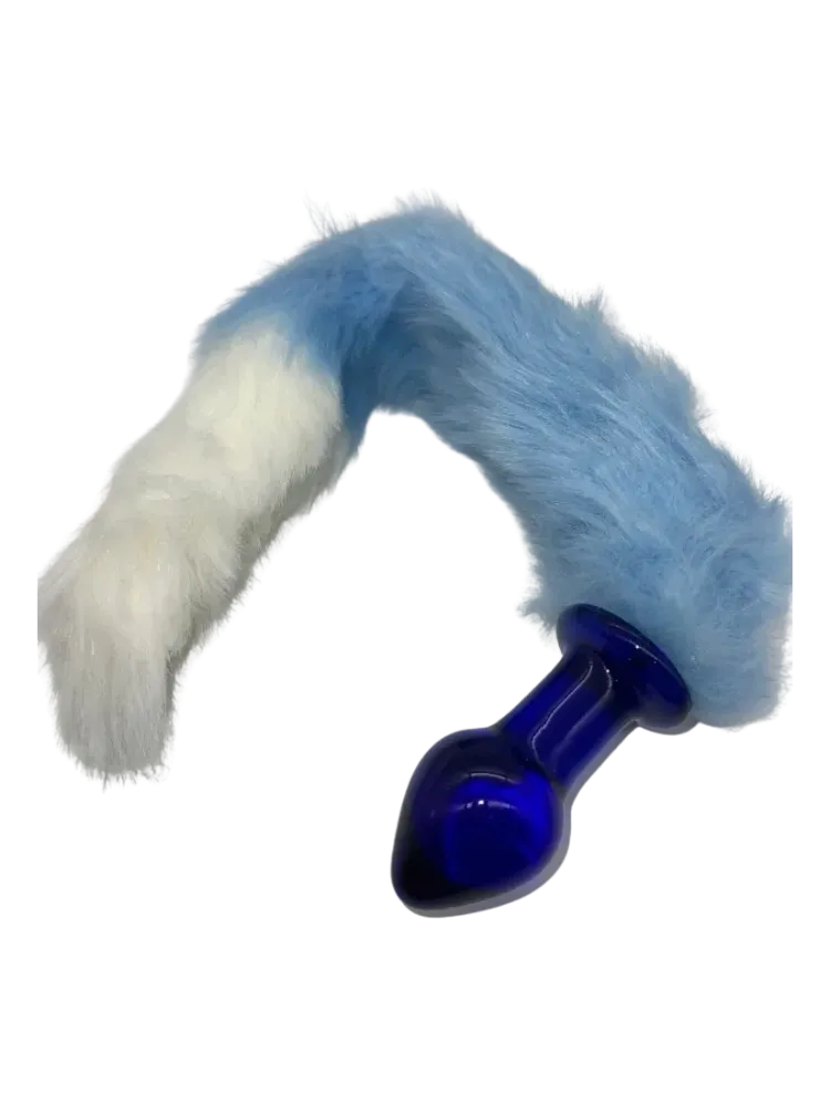 Glass Anal Plug With Light Blue & White Tail