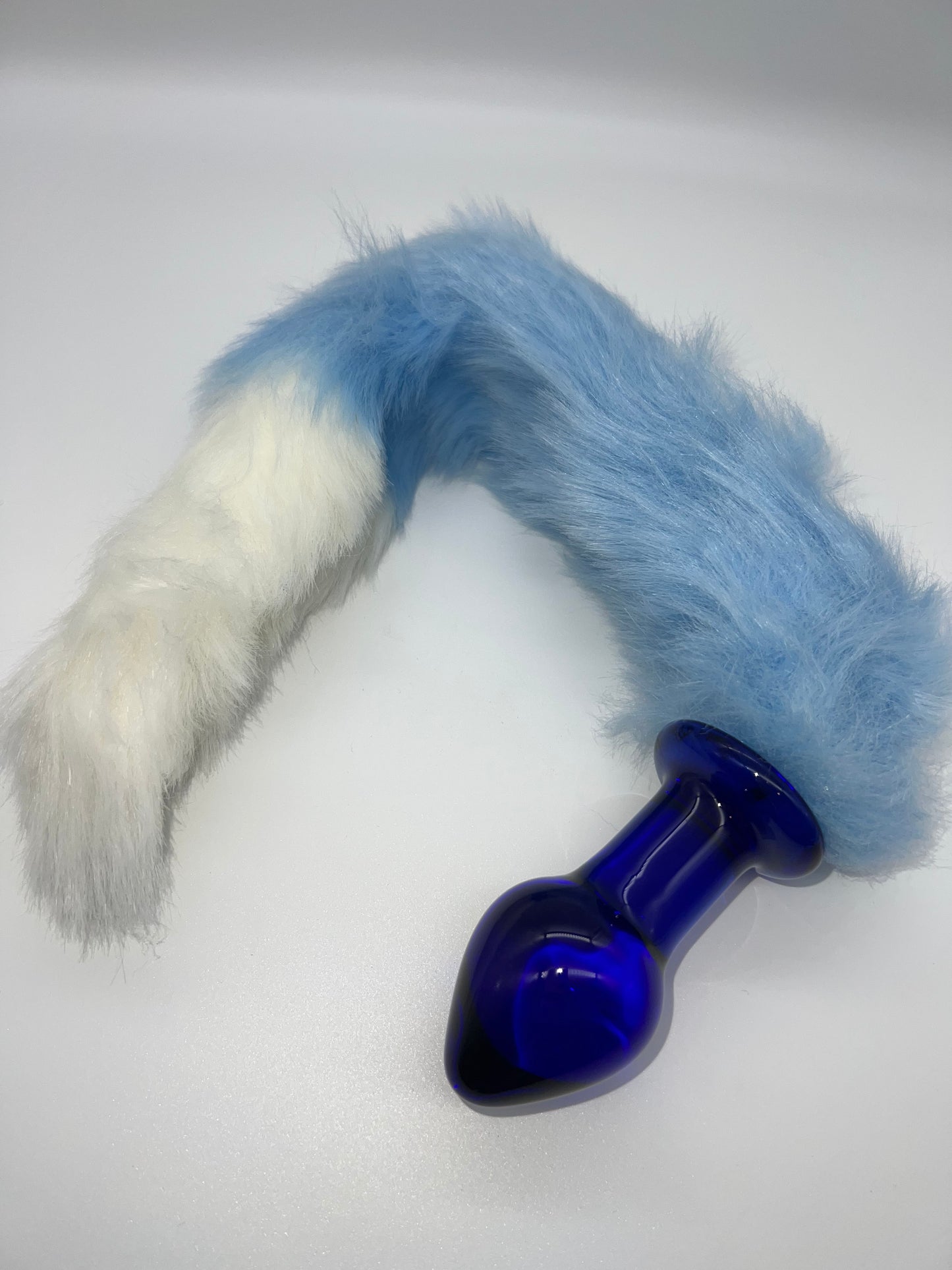 Glass Anal Plug With Light Blue & White Tail