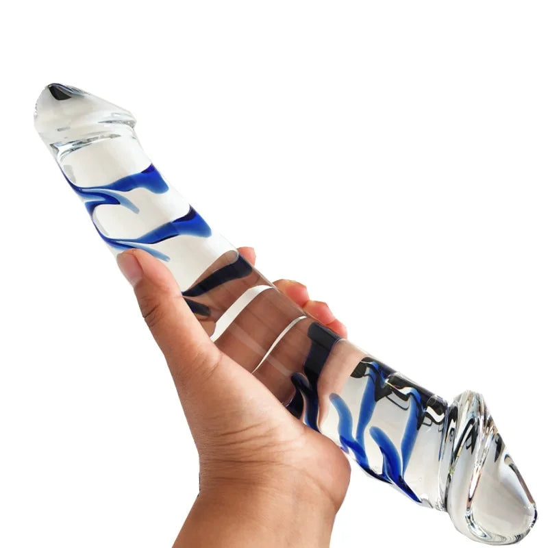 Clear/Blue Glass Dildo 11.2"